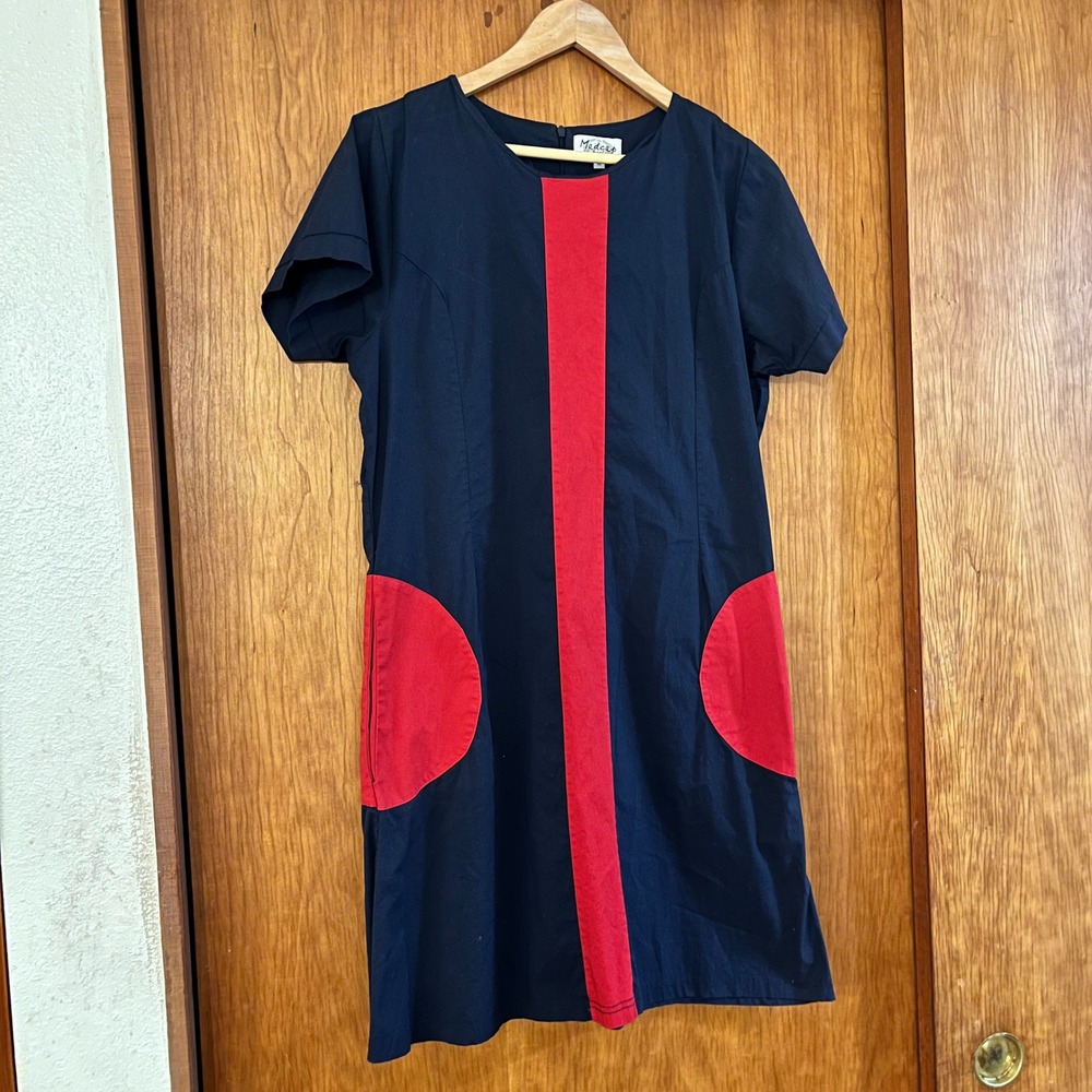 Madcap England Navy Blue Red Mod Colorblock Shift Dress Sz 16 (12) 60s Stripe